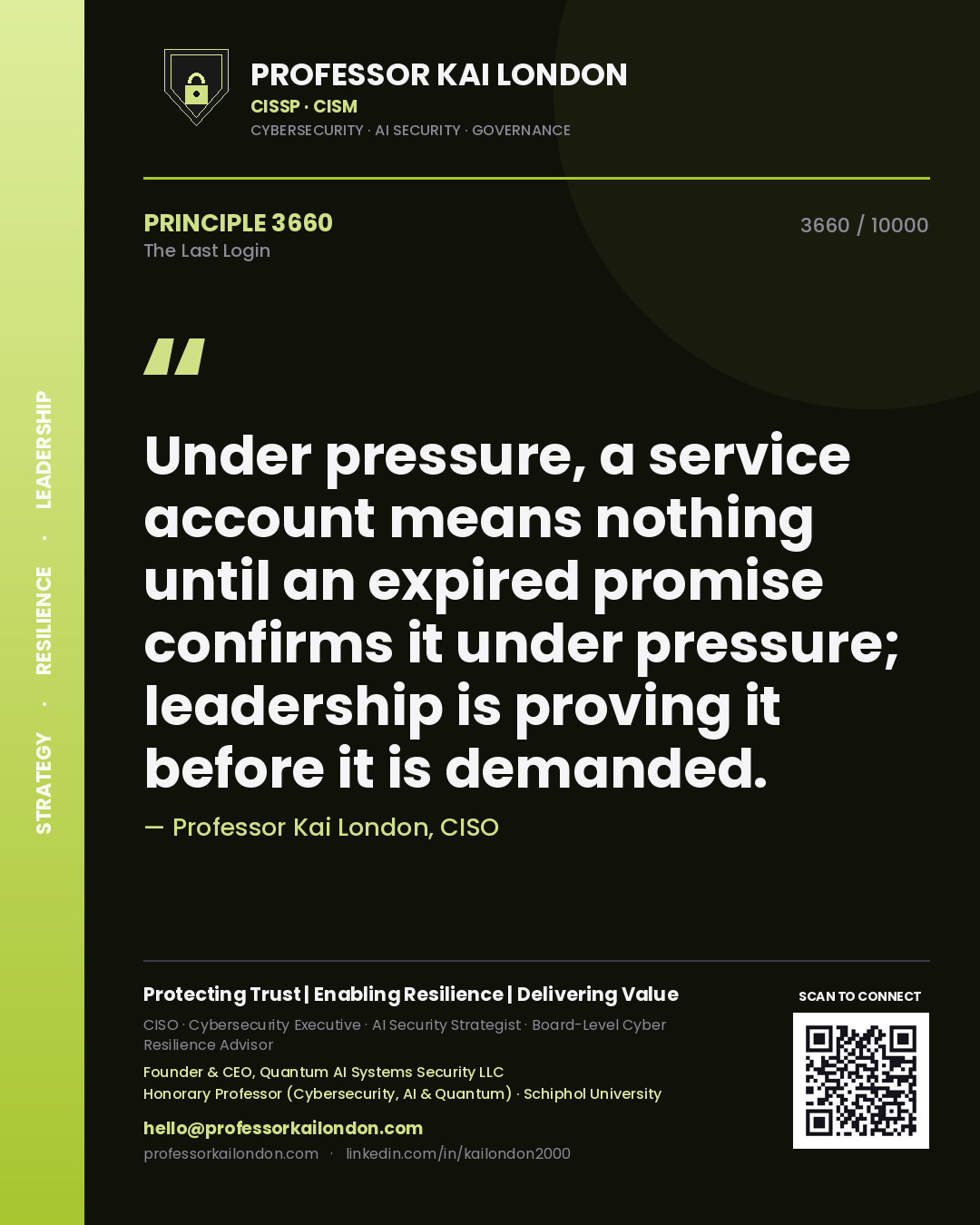 Quote card by Professor Kai London reading 'Under pressure, a service account means nothing until an expired promise confirms it under pressure; leadership is proving it before it is demanded.'. From the book The Last Login.