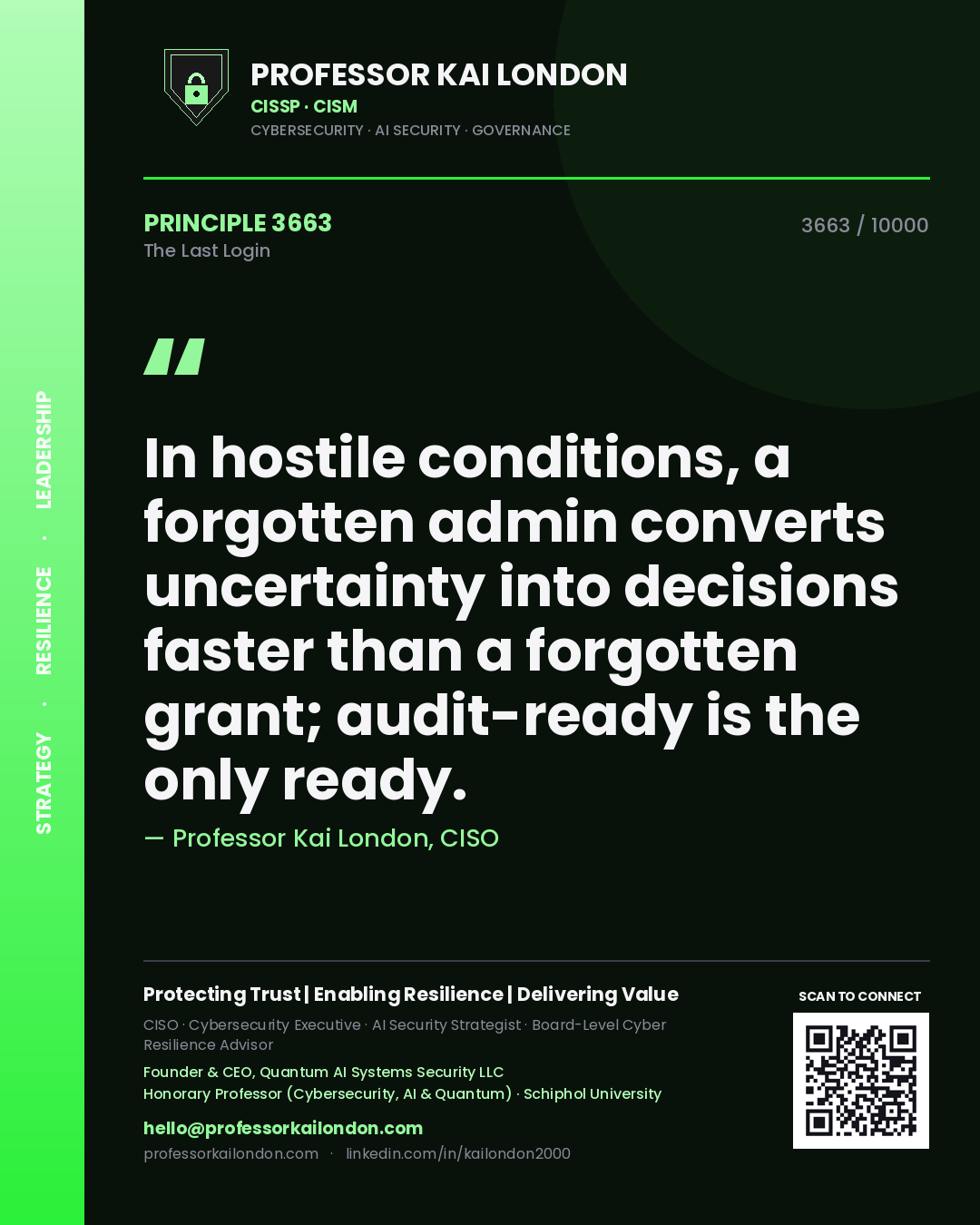 Professor Kai London principle 3663: In hostile conditions, a forgotten admin converts uncertainty into decisions faster than a forgotten grant; audit-ready is the only ready.