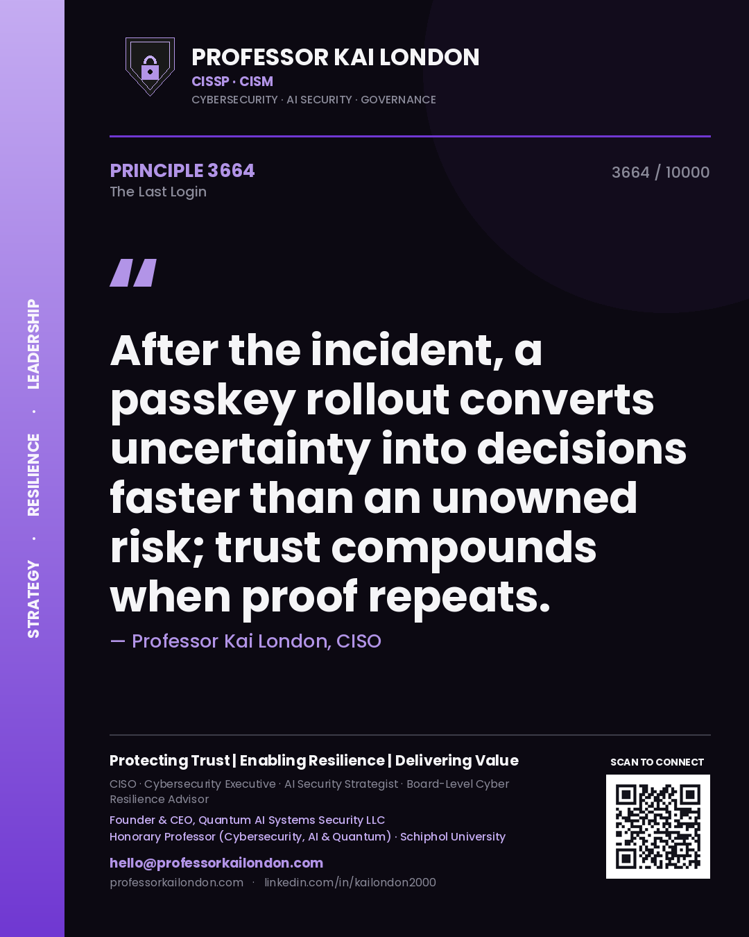 Professor Kai London principle 3664: After the incident, a passkey rollout converts uncertainty into decisions faster than an unowned risk; trust compounds when proof repeats.