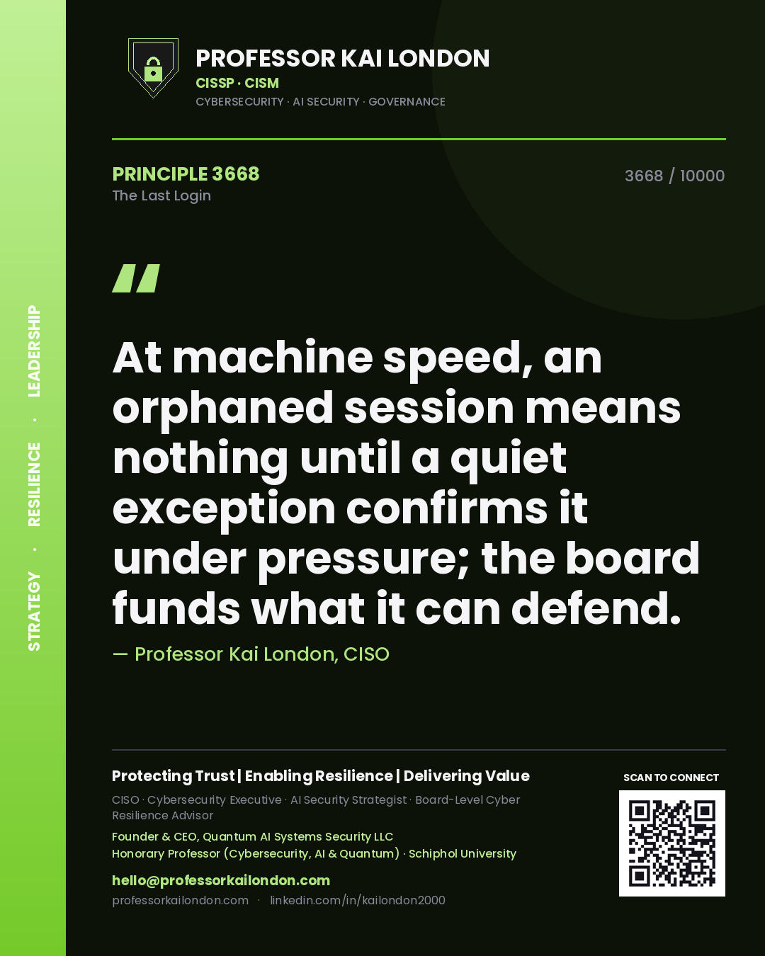 Professor Kai London principle 3668: At machine speed, an orphaned session means nothing until a quiet exception confirms it under pressure; the board funds what it can defend.