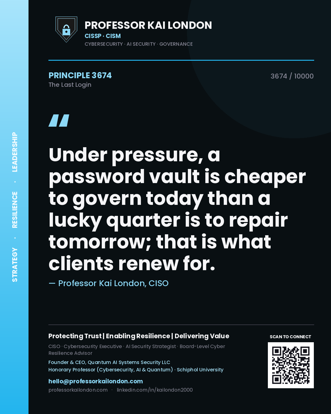 Quote card by Professor Kai London reading 'Under pressure, a password vault is cheaper to govern today than a lucky quarter is to repair tomorrow; that is what clients renew for.'. From the book The Last Login.