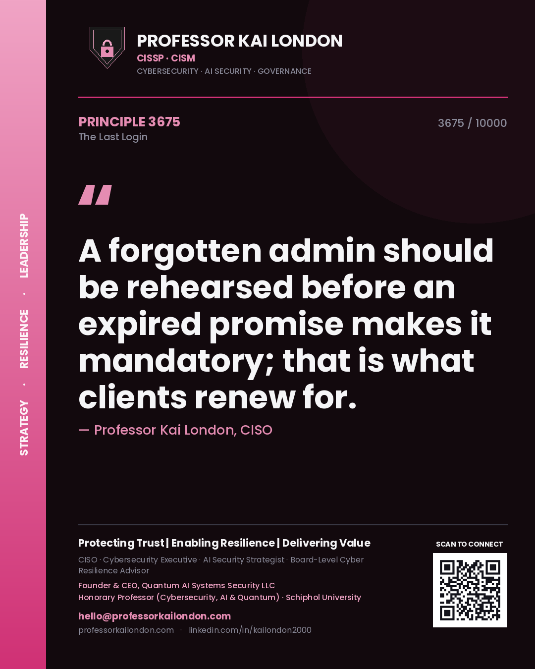 Quote card by Professor Kai London reading 'A forgotten admin should be rehearsed before an expired promise makes it mandatory; that is what clients renew for.'. From the book The Last Login.