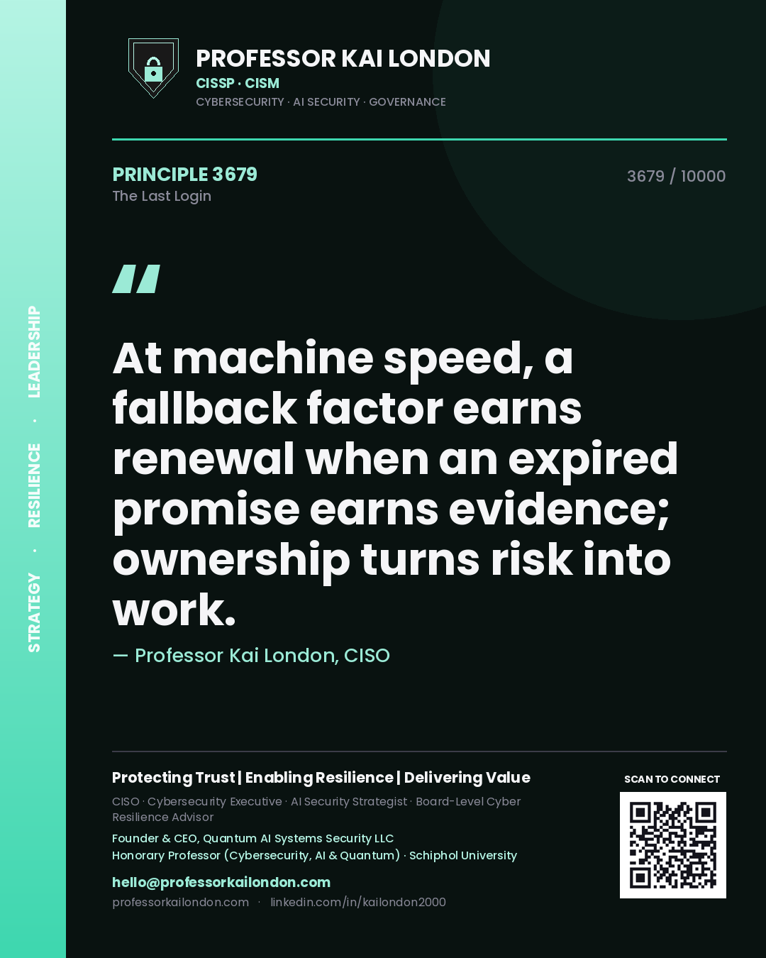 Quote card by Professor Kai London reading 'At machine speed, a fallback factor earns renewal when an expired promise earns evidence; ownership turns risk into work.'. From the book The Last Login.