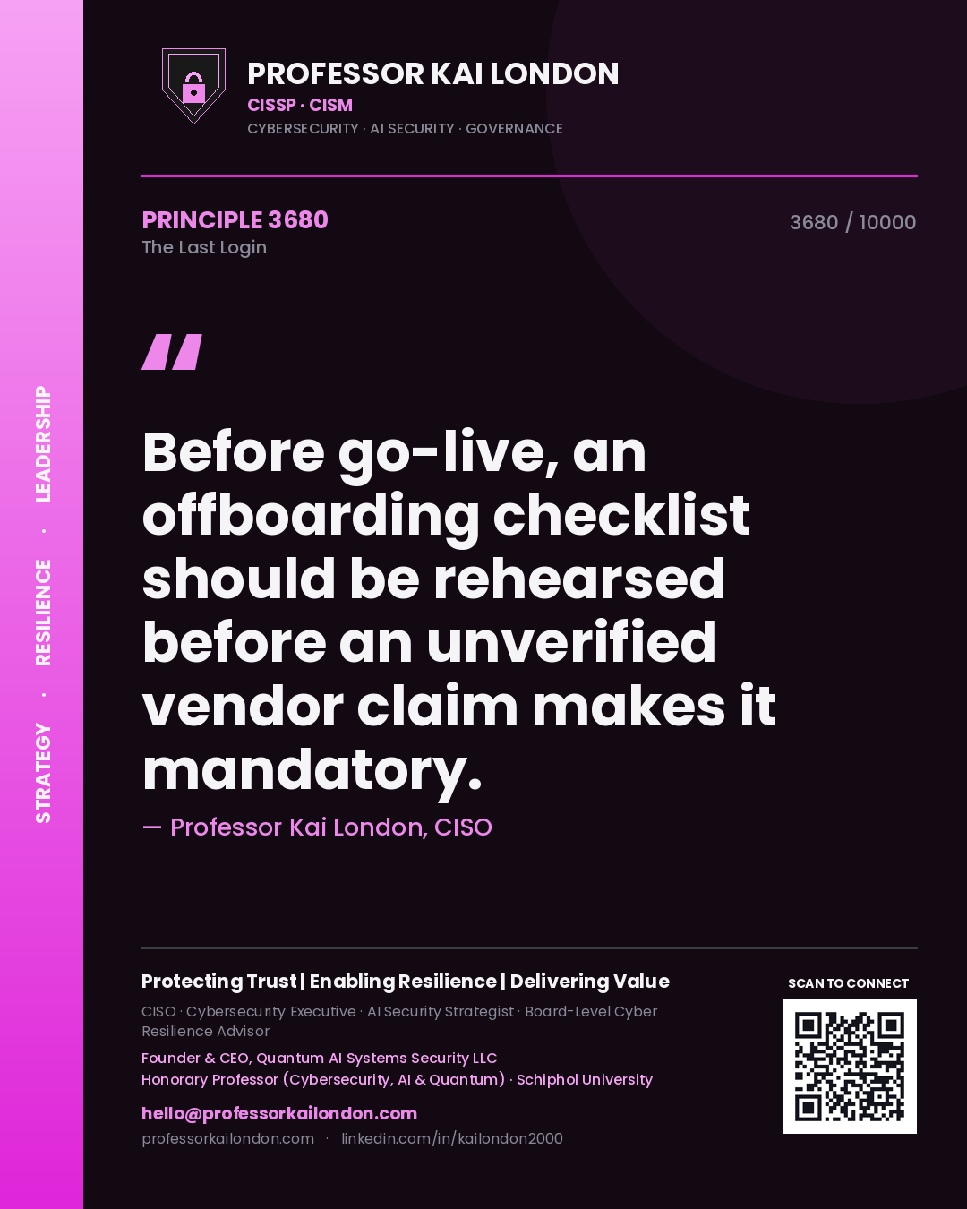Quote card by Professor Kai London reading 'Before go-live, an offboarding checklist should be rehearsed before an unverified vendor claim makes it mandatory.'. From the book The Last Login.