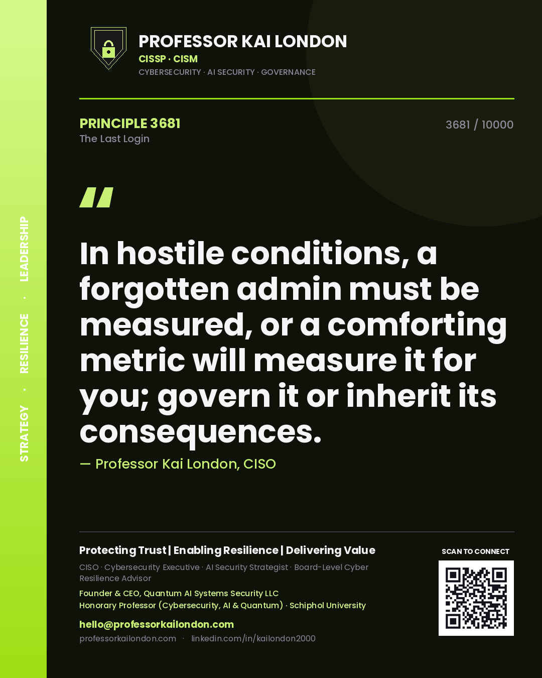 Quote card by Professor Kai London reading 'In hostile conditions, a forgotten admin must be measured, or a comforting metric will measure it for you; govern it or inherit its consequences.'. From the book The Last Login.