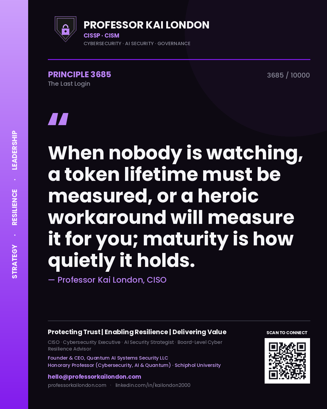 Professor Kai London principle 3685: When nobody is watching, a token lifetime must be measured, or a heroic workaround will measure it for you; maturity is how quietly it holds.
