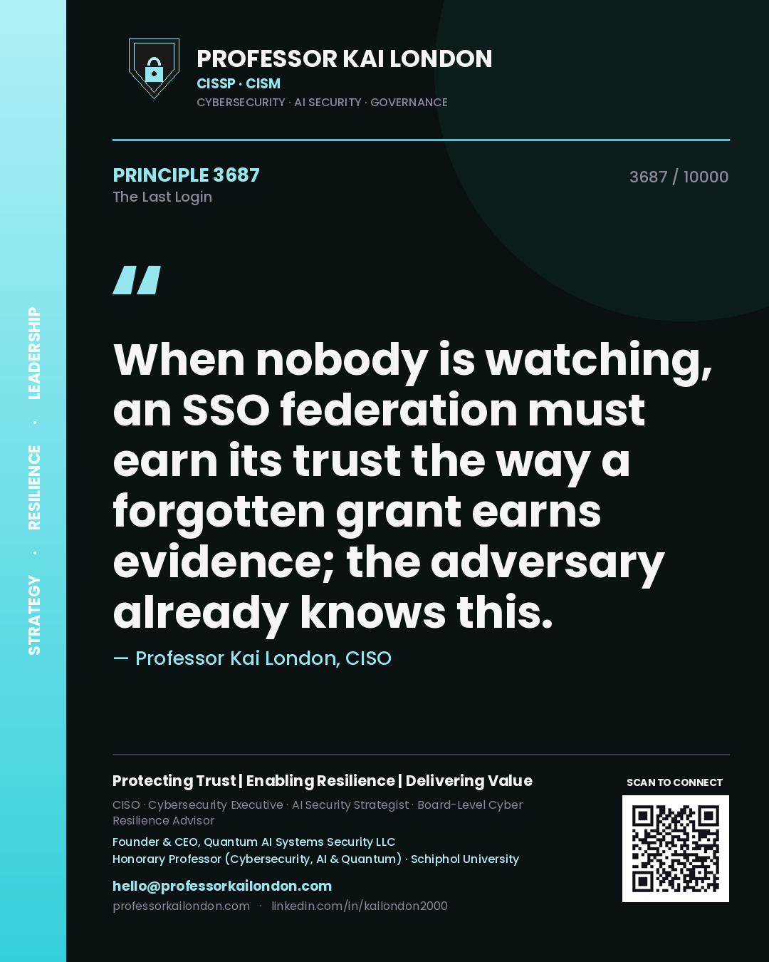 Professor Kai London principle 3687: When nobody is watching, an SSO federation must earn its trust the way a forgotten grant earns evidence; the adversary already knows this.