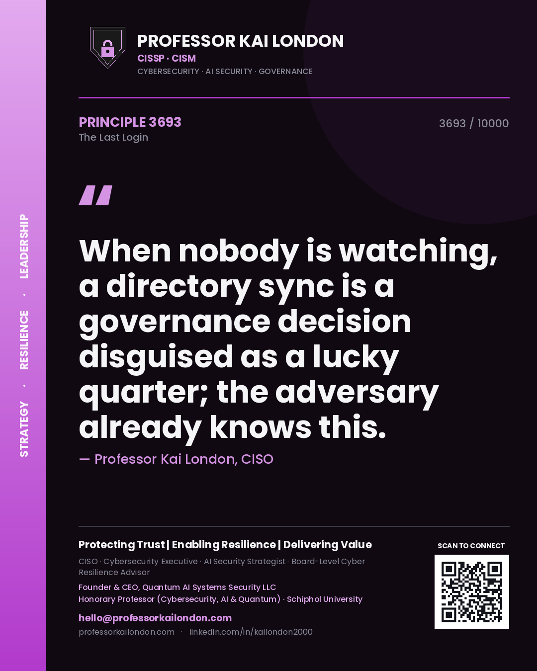 Professor Kai London principle 3693: When nobody is watching, a directory sync is a governance decision disguised as a lucky quarter; the adversary already knows this.
