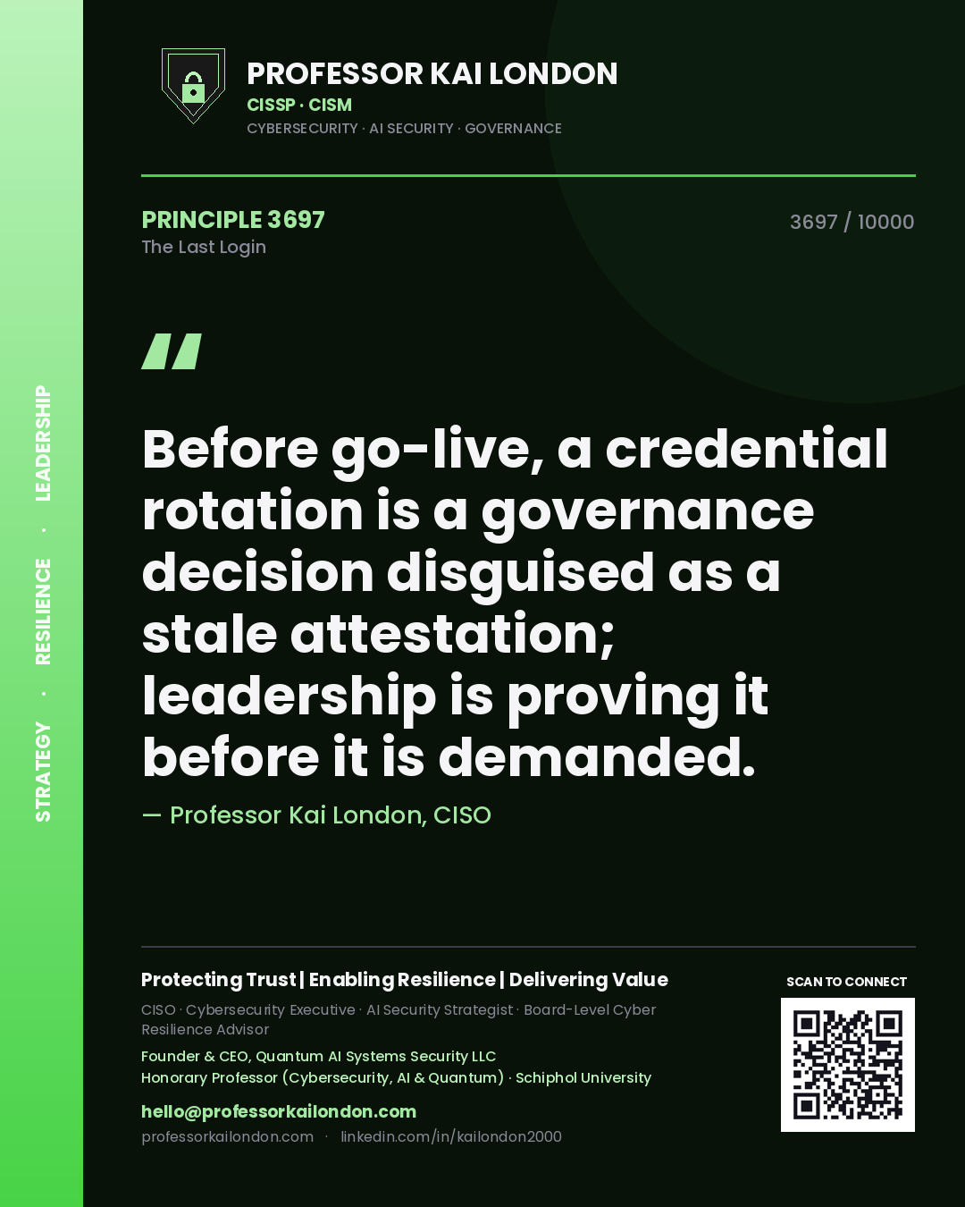 Quote card by Professor Kai London reading 'Before go-live, a credential rotation is a governance decision disguised as a stale attestation; leadership is proving it before it is demanded.'. From the book The Last Login.