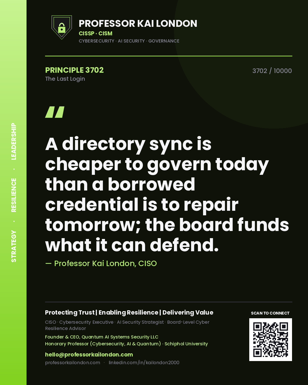 Quote card by Professor Kai London reading 'A directory sync is cheaper to govern today than a borrowed credential is to repair tomorrow; the board funds what it can defend.'. From the book The Last Login.