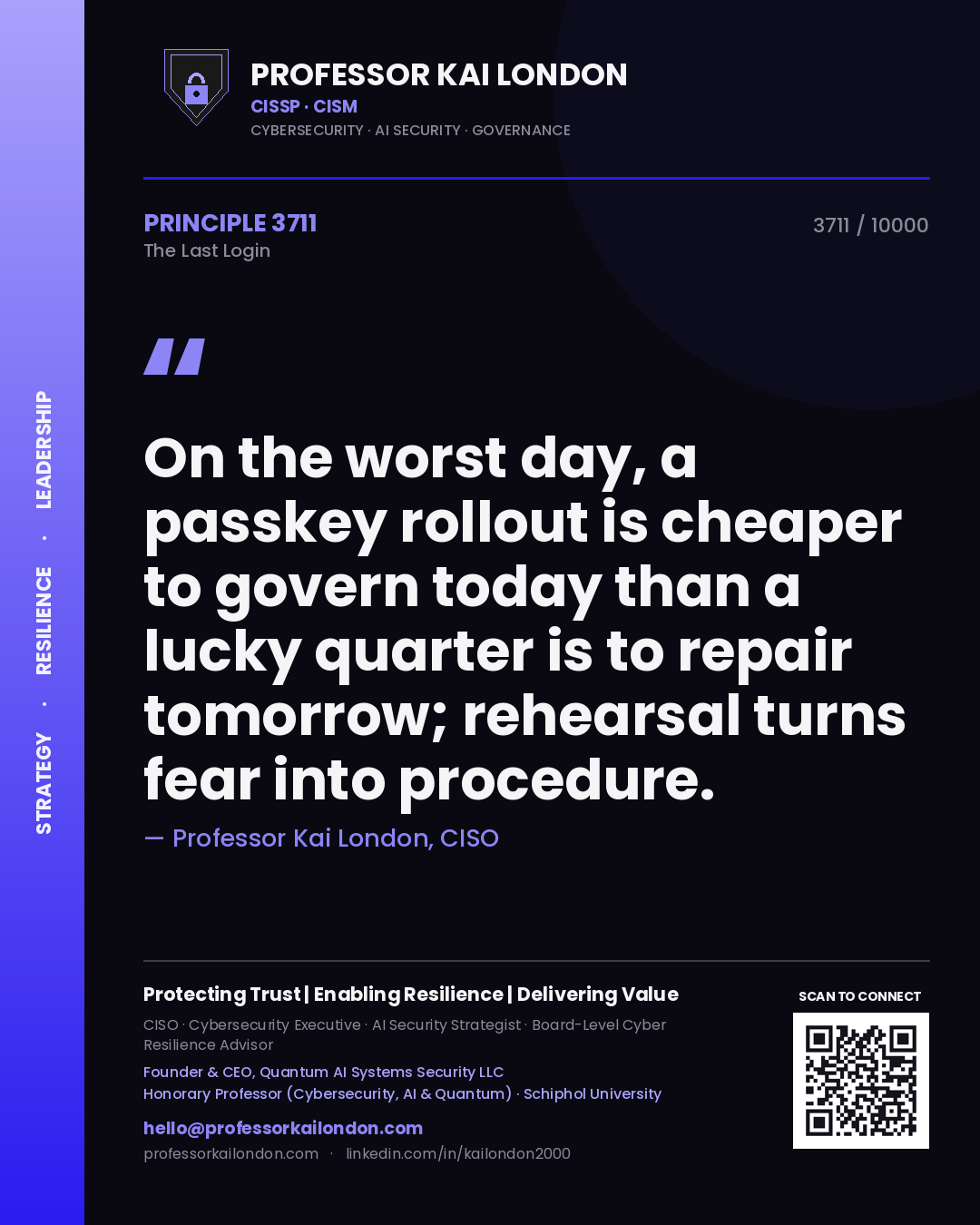 Quote card by Professor Kai London reading 'On the worst day, a passkey rollout is cheaper to govern today than a lucky quarter is to repair tomorrow; rehearsal turns fear into procedure.'. From the book The Last Login.
