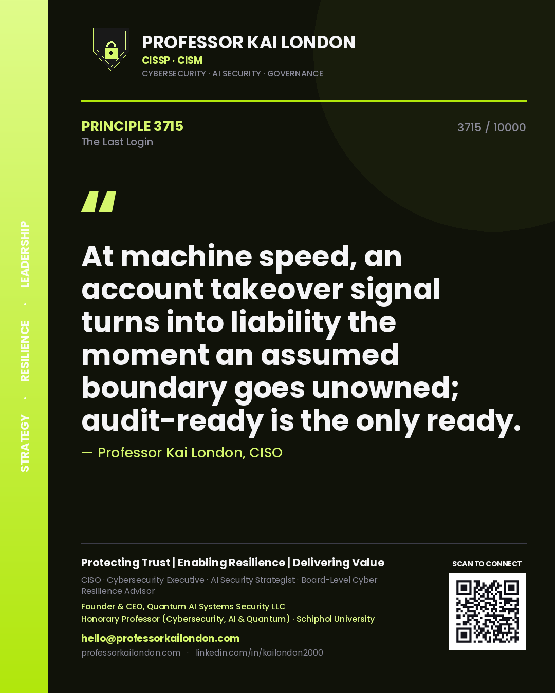Quote card by Professor Kai London reading 'At machine speed, an account takeover signal turns into liability the moment an assumed boundary goes unowned; audit-ready is the only ready.'. From the book The Last Login.