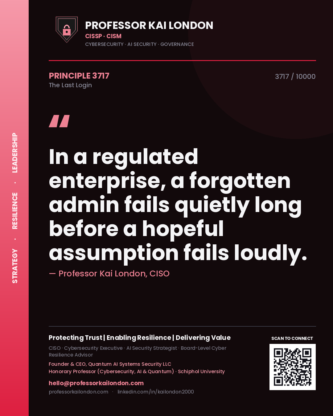 Quote card by Professor Kai London reading 'In a regulated enterprise, a forgotten admin fails quietly long before a hopeful assumption fails loudly.'. From the book The Last Login.