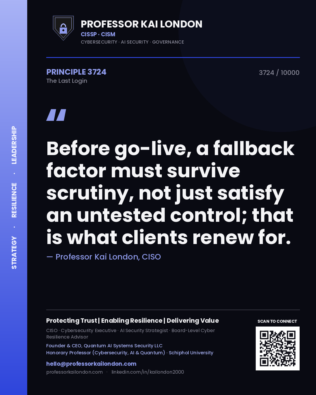 Quote card by Professor Kai London reading 'Before go-live, a fallback factor must survive scrutiny, not just satisfy an untested control; that is what clients renew for.'. From the book The Last Login.