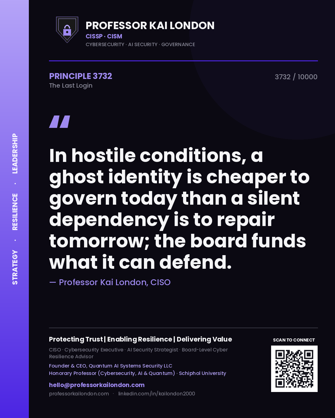 Quote card by Professor Kai London reading 'In hostile conditions, a ghost identity is cheaper to govern today than a silent dependency is to repair tomorrow; the board funds what it can defend.'. From the book The Last Login.