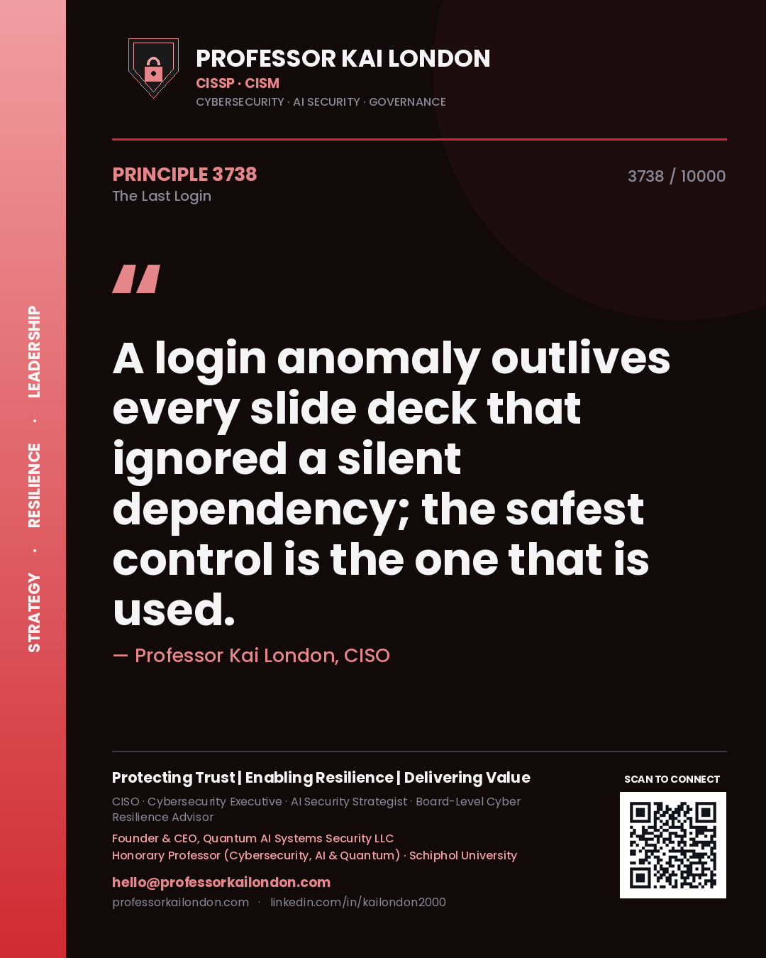 Quote card by Professor Kai London reading 'A login anomaly outlives every slide deck that ignored a silent dependency; the safest control is the one that is used.'. From the book The Last Login.