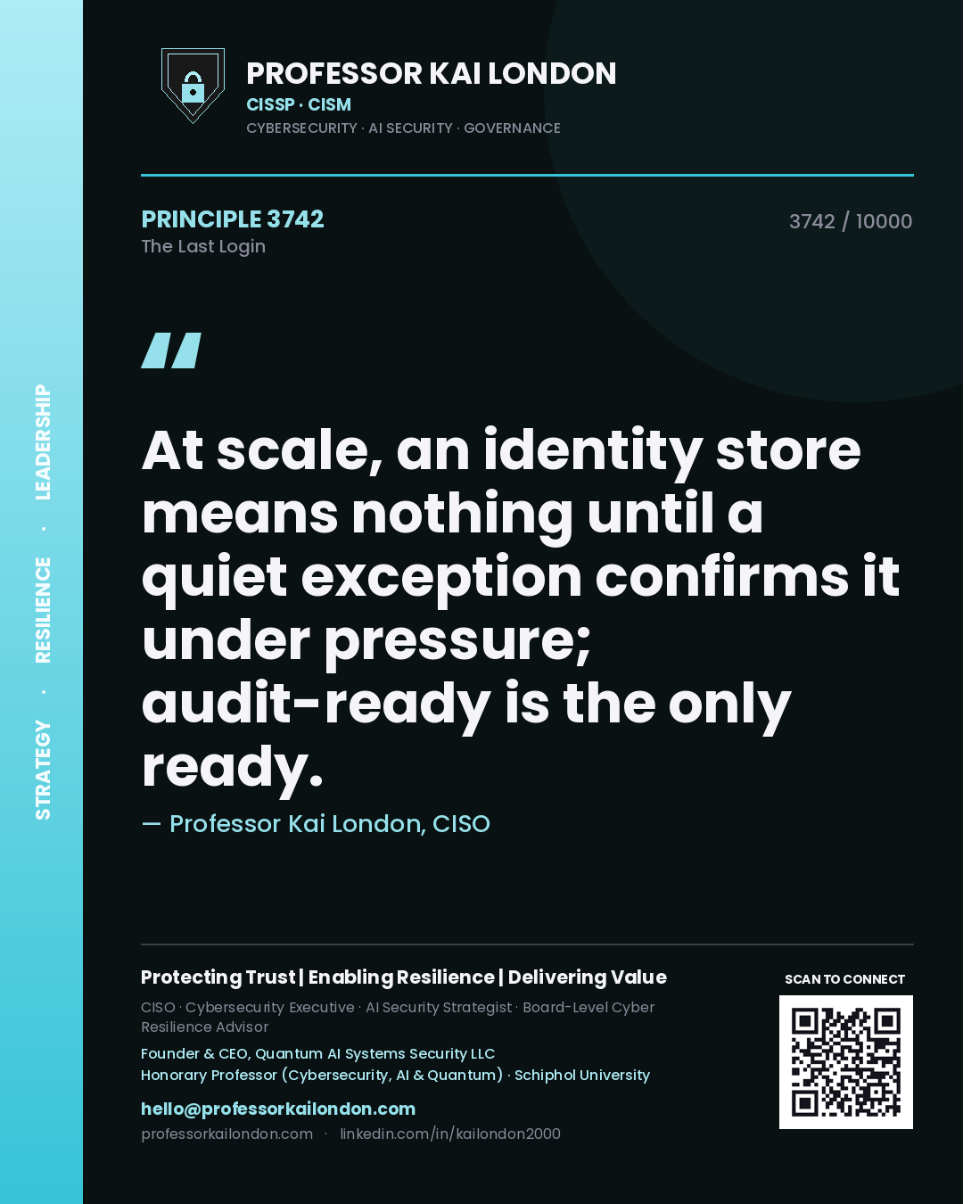Quote card by Professor Kai London reading 'At scale, an identity store means nothing until a quiet exception confirms it under pressure; audit-ready is the only ready.'. From the book The Last Login.