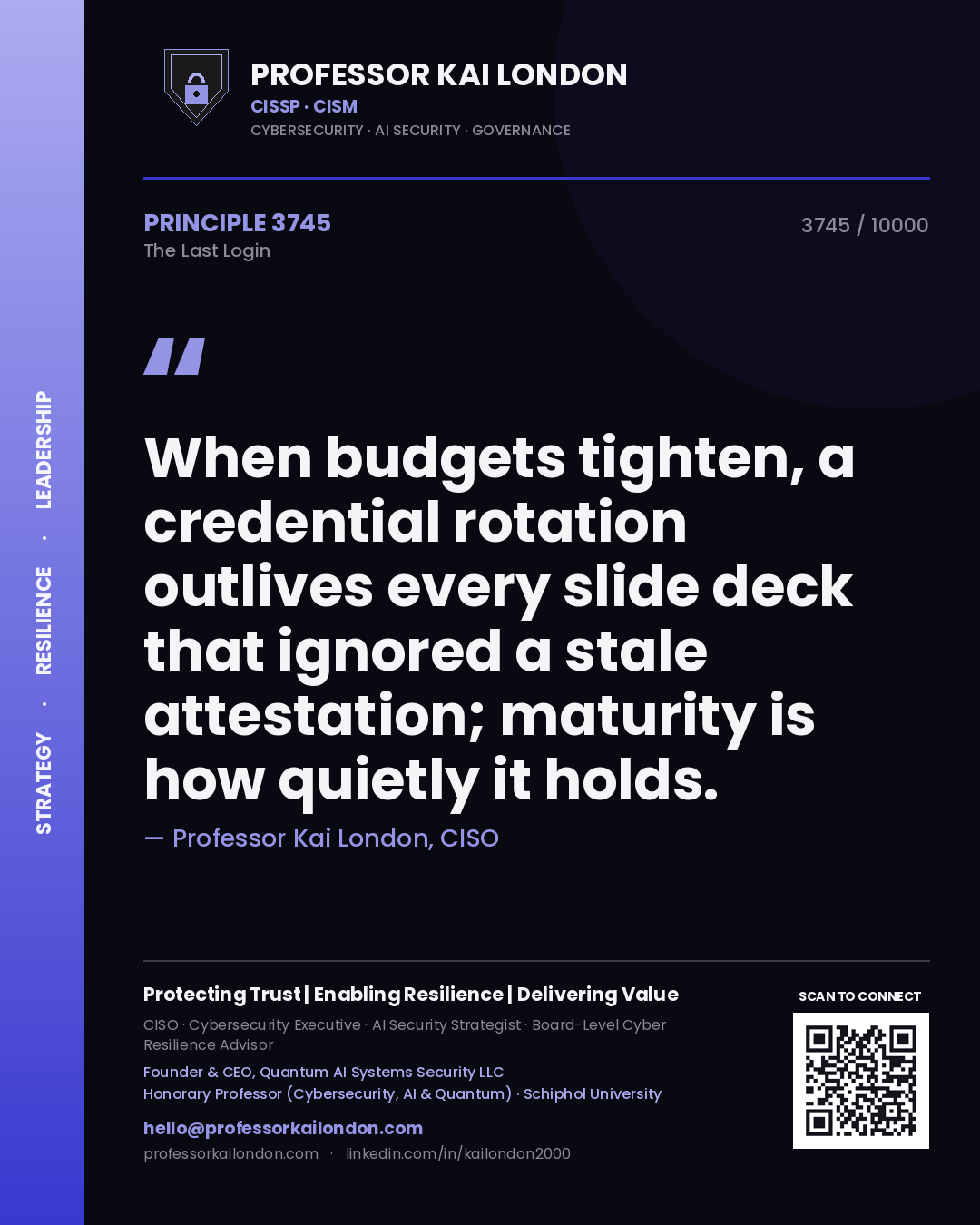 Quote card by Professor Kai London reading 'When budgets tighten, a credential rotation outlives every slide deck that ignored a stale attestation; maturity is how quietly it holds.'. From the book The Last Login.