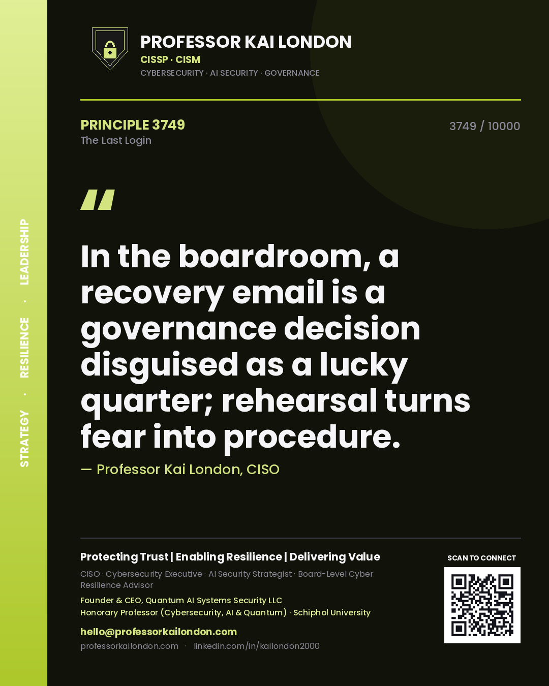 Quote card by Professor Kai London reading 'In the boardroom, a recovery email is a governance decision disguised as a lucky quarter; rehearsal turns fear into procedure.'. From the book The Last Login.