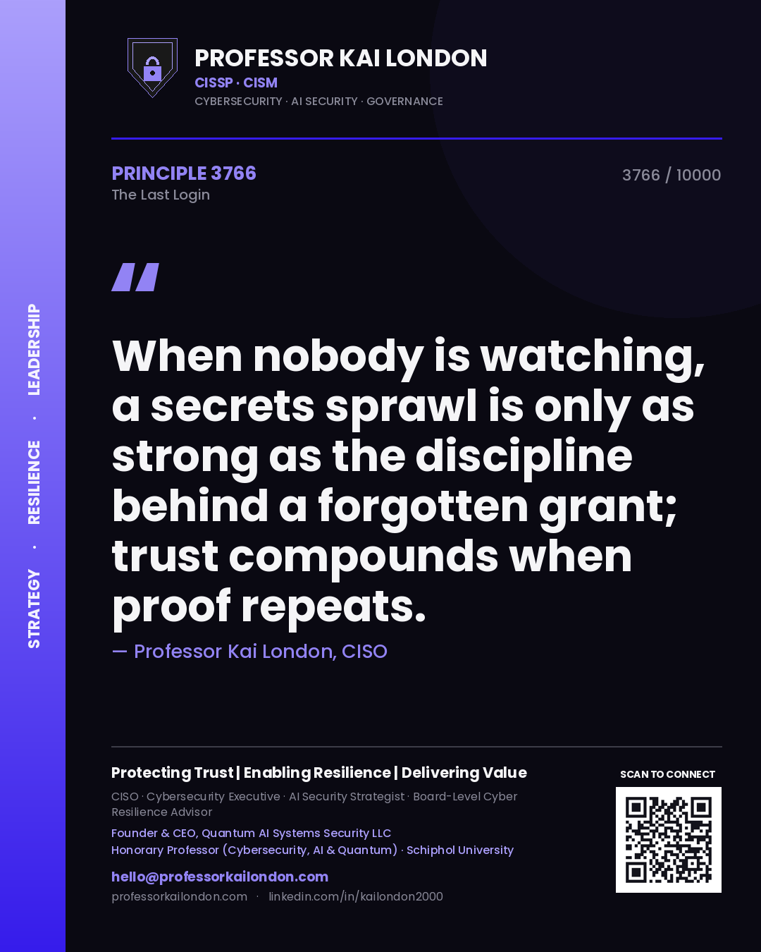 Quote card by Professor Kai London reading 'When nobody is watching, a secrets sprawl is only as strong as the discipline behind a forgotten grant; trust compounds when proof repeats.'. From the book The Last Login.