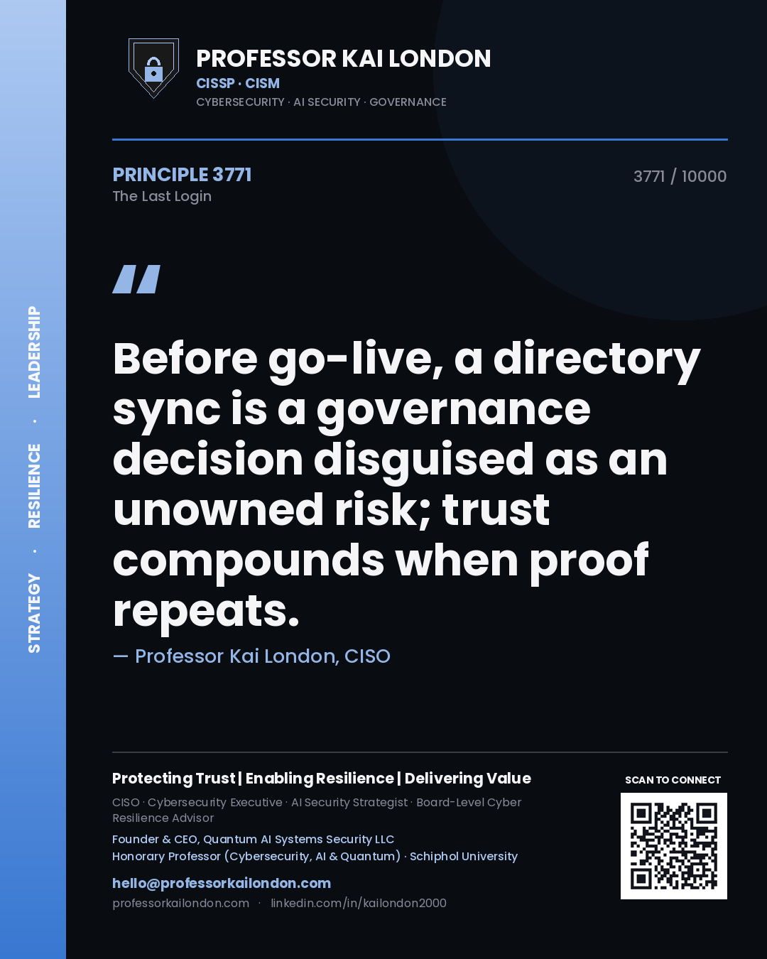 Quote card by Professor Kai London reading 'Before go-live, a directory sync is a governance decision disguised as an unowned risk; trust compounds when proof repeats.'. From the book The Last Login.