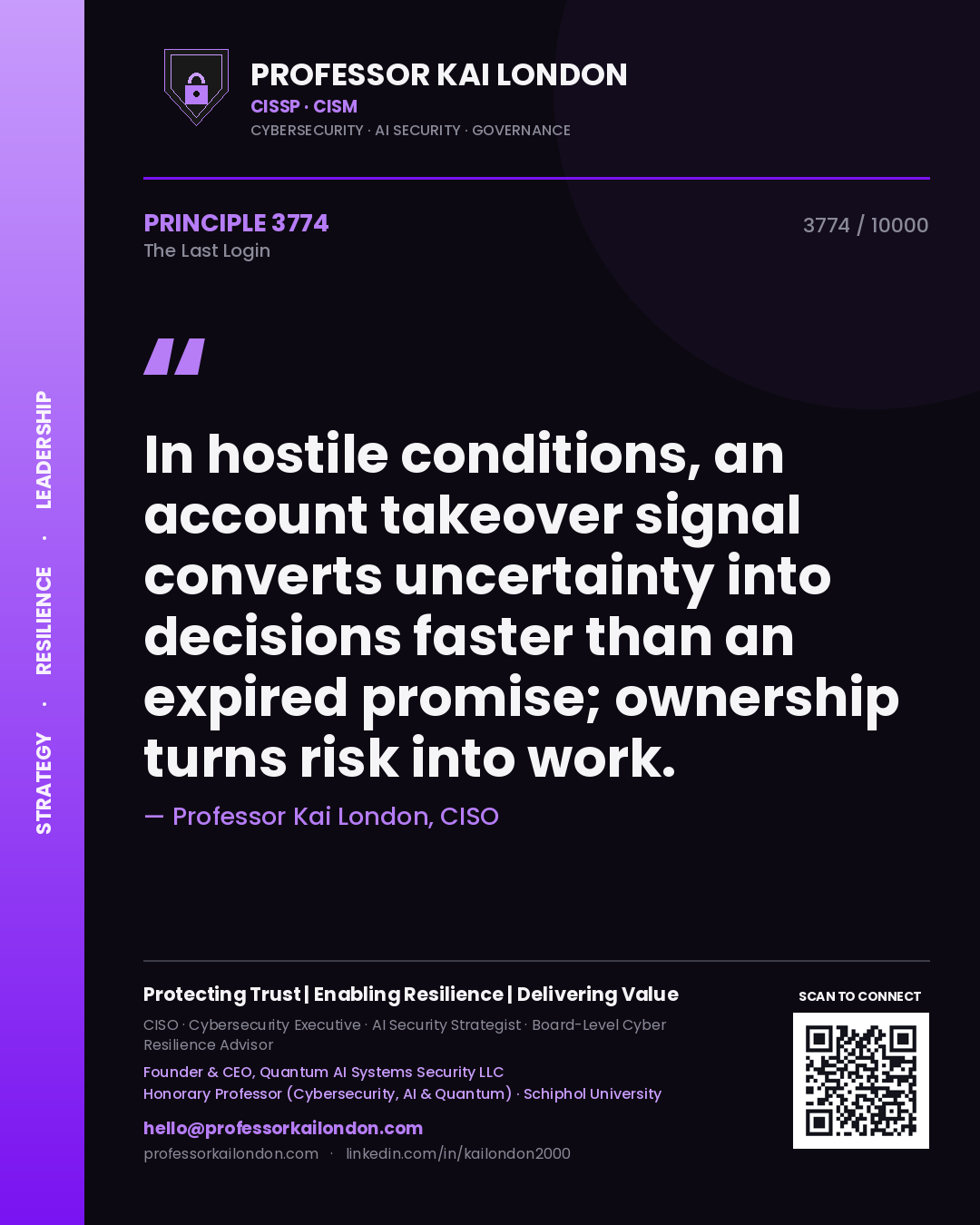 Quote card by Professor Kai London reading 'In hostile conditions, an account takeover signal converts uncertainty into decisions faster than an expired promise; ownership turns risk into work.'. From the book The Last Login.