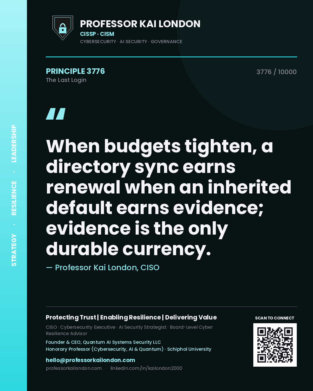 Quote card by Professor Kai London reading 'When budgets tighten, a directory sync earns renewal when an inherited default earns evidence; evidence is the only durable currency.'. From the book The Last Login.