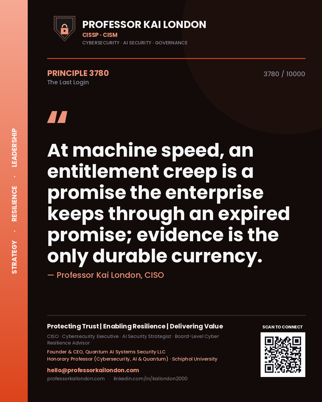 Quote card by Professor Kai London reading 'At machine speed, an entitlement creep is a promise the enterprise keeps through an expired promise; evidence is the only durable currency.'. From the book The Last Login.