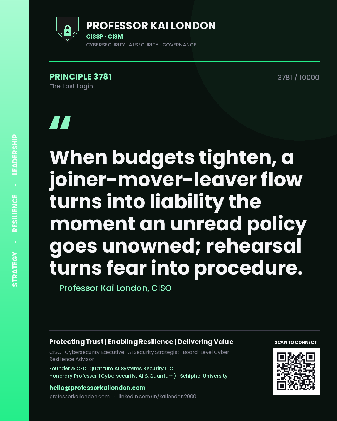 Quote card by Professor Kai London reading 'When budgets tighten, a joiner-mover-leaver flow turns into liability the moment an unread policy goes unowned; rehearsal turns fear into procedure.'. From the book The Last Login.