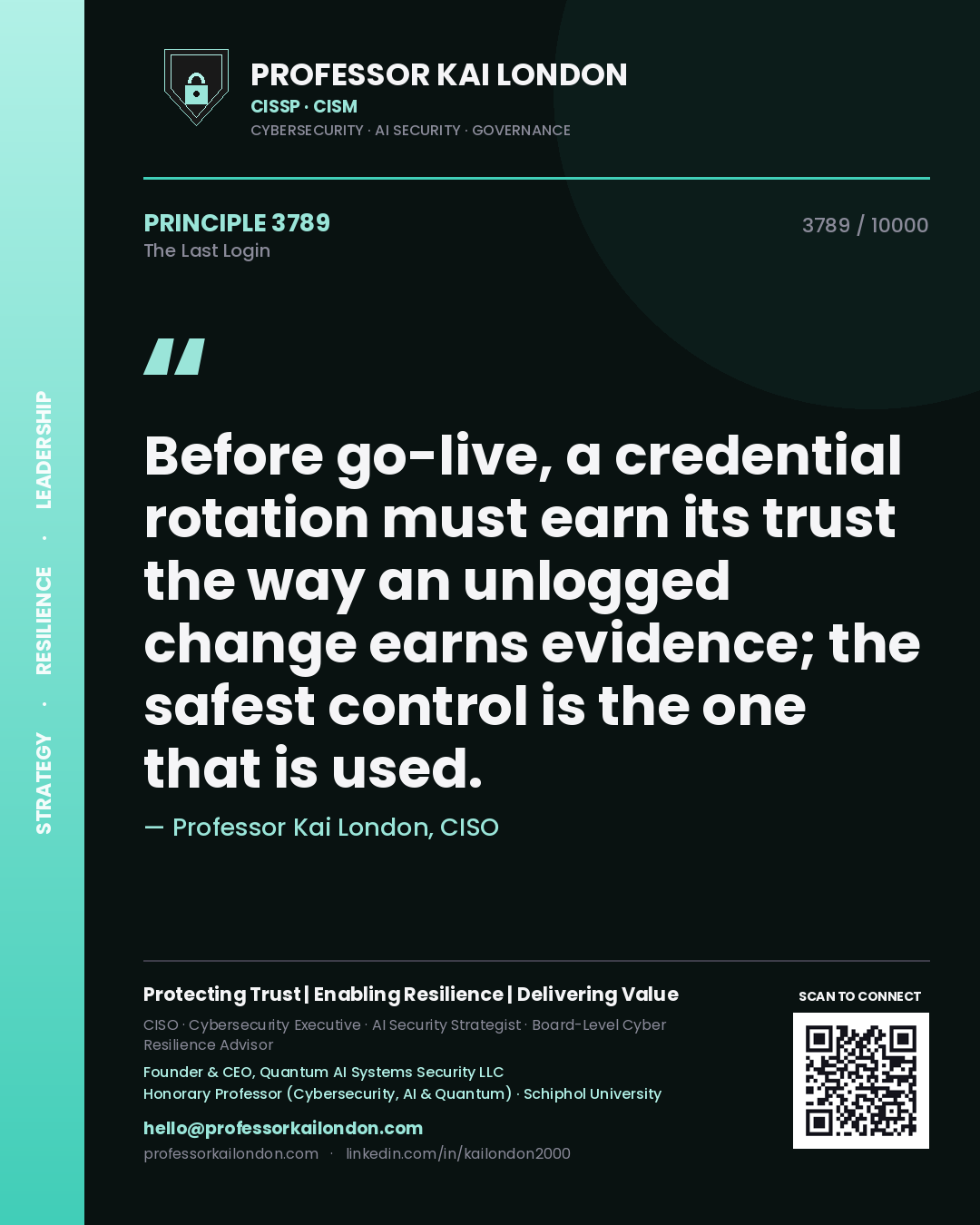 Professor Kai London principle 3789: Before go-live, a credential rotation must earn its trust the way an unlogged change earns evidence; the safest control is the one that is used.