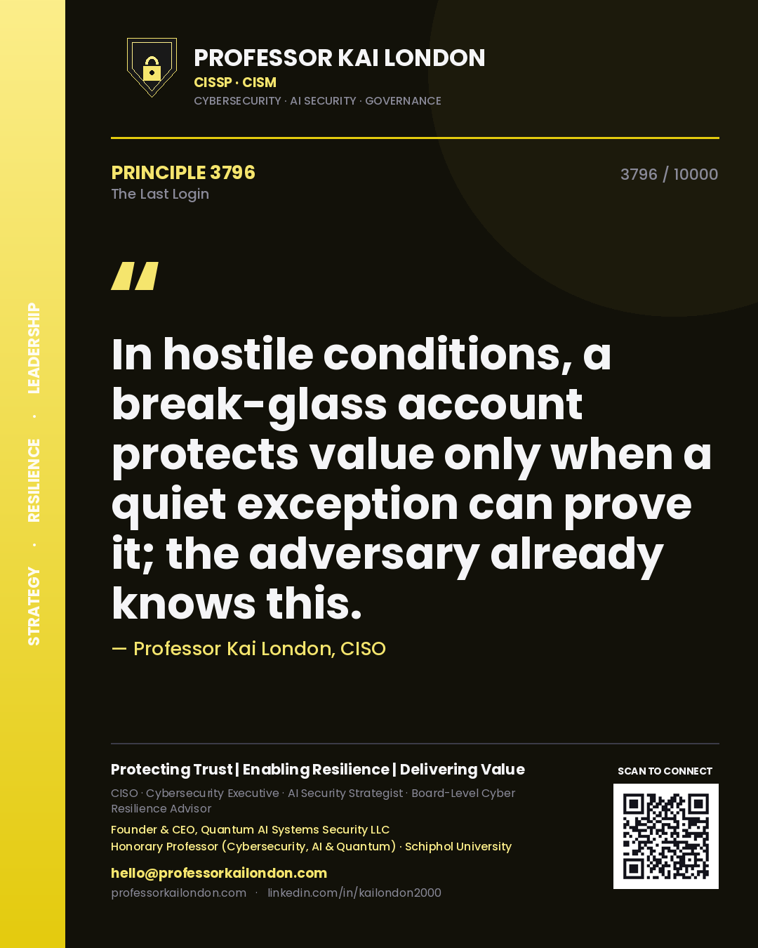 Quote card by Professor Kai London reading 'In hostile conditions, a break-glass account protects value only when a quiet exception can prove it; the adversary already knows this.'. From the book The Last Login.