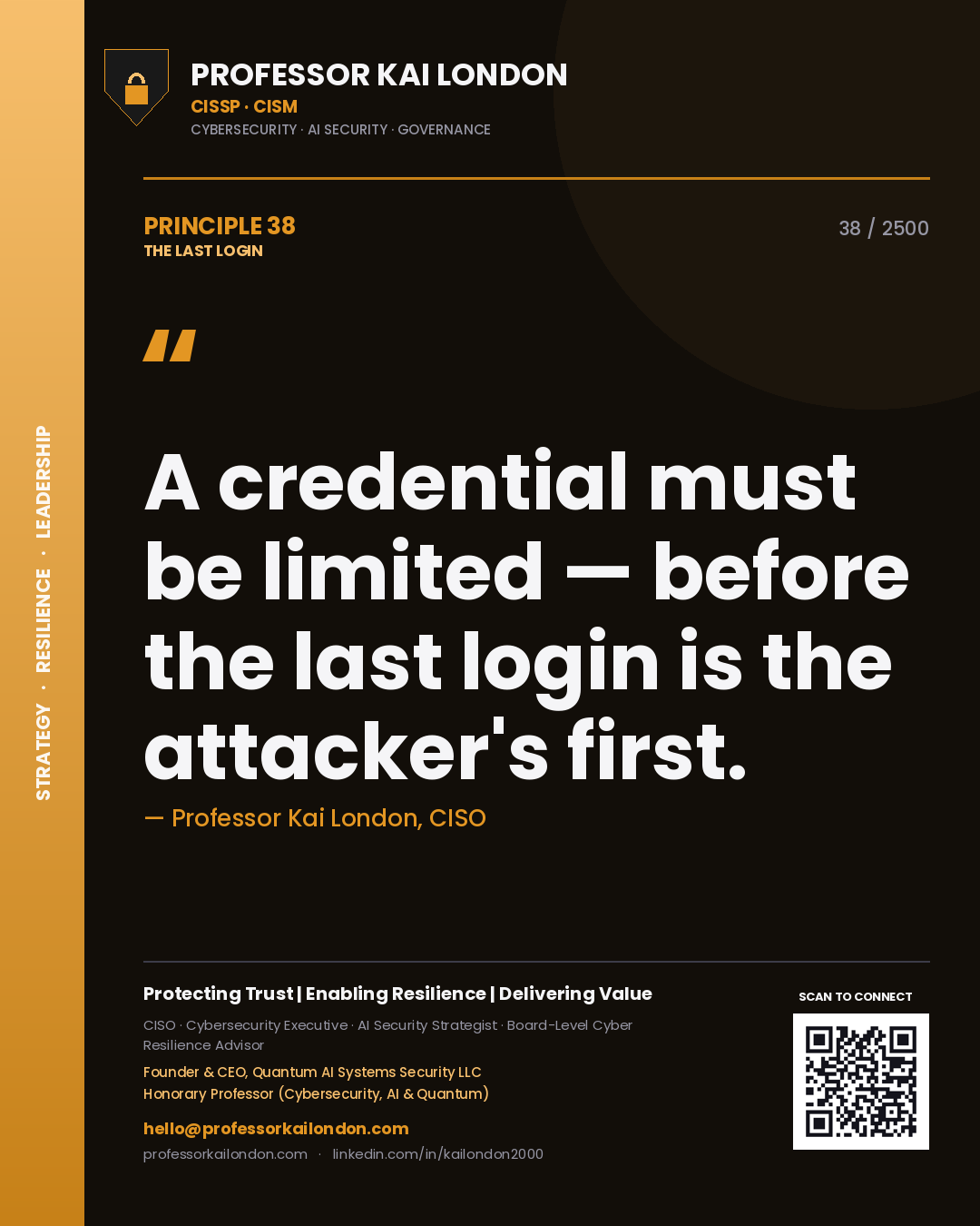 Quote card by Professor Kai London reading 'A credential must be limited — before the last login is the attacker's first.'. From the book The Last Login.
