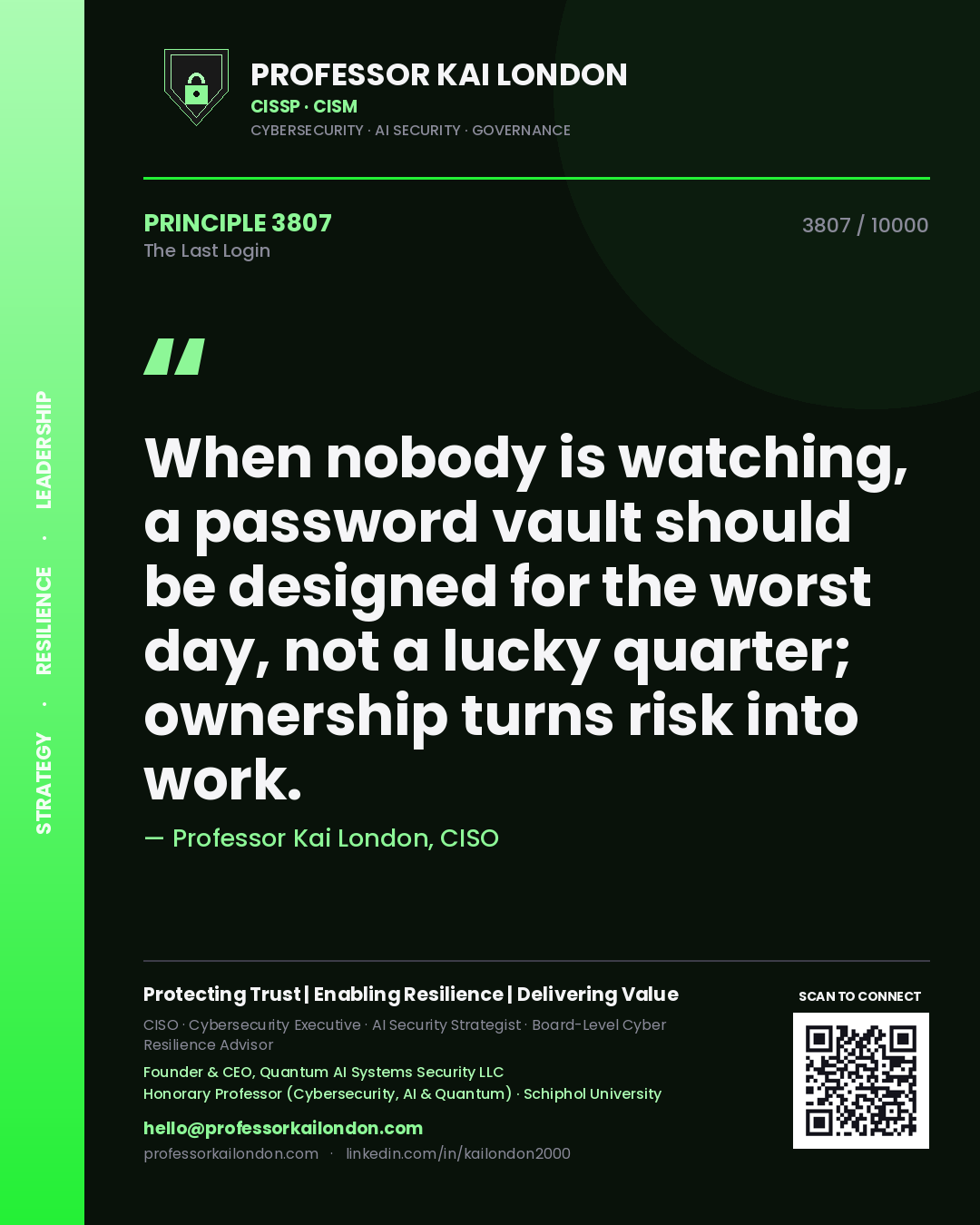 Quote card by Professor Kai London reading 'When nobody is watching, a password vault should be designed for the worst day, not a lucky quarter; ownership turns risk into work.'. From the book The Last Login.