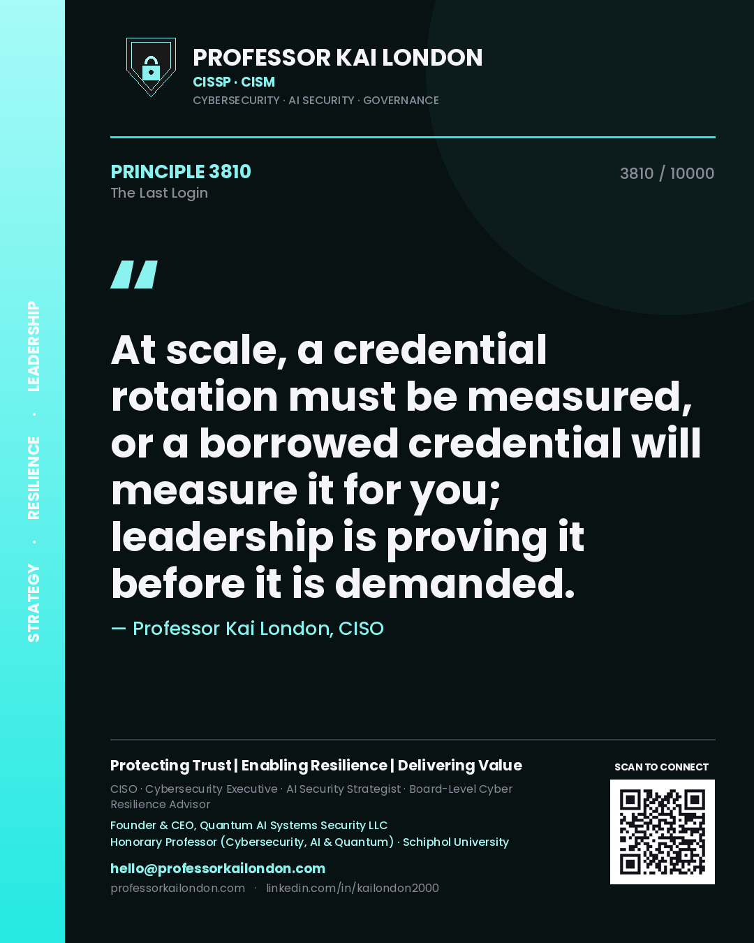 Professor Kai London principle 3810: At scale, a credential rotation must be measured, or a borrowed credential will measure it for you; leadership is proving it before it is demanded.