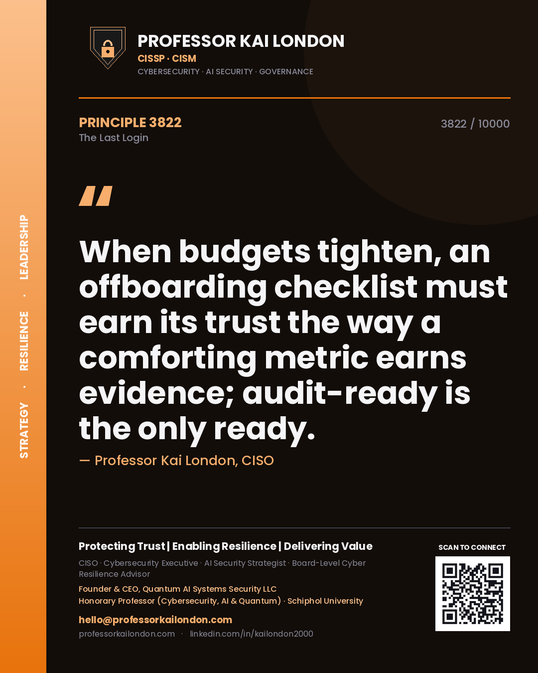 Professor Kai London principle 3822: When budgets tighten, an offboarding checklist must earn its trust the way a comforting metric earns evidence; audit-ready is the only ready.
