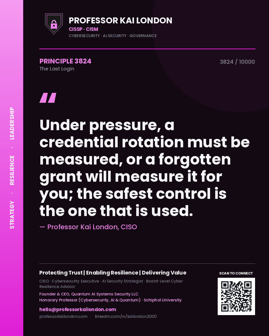 Professor Kai London principle 3824: Under pressure, a credential rotation must be measured, or a forgotten grant will measure it for you; the safest control is the one that is used.