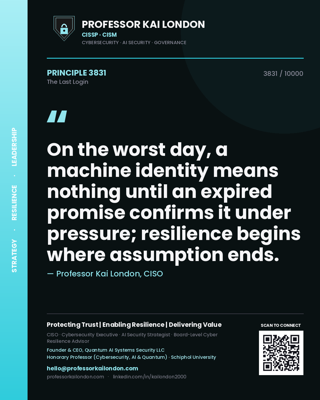 Quote card by Professor Kai London reading 'On the worst day, a machine identity means nothing until an expired promise confirms it under pressure; resilience begins where assumption ends.'. From the book The Last Login.