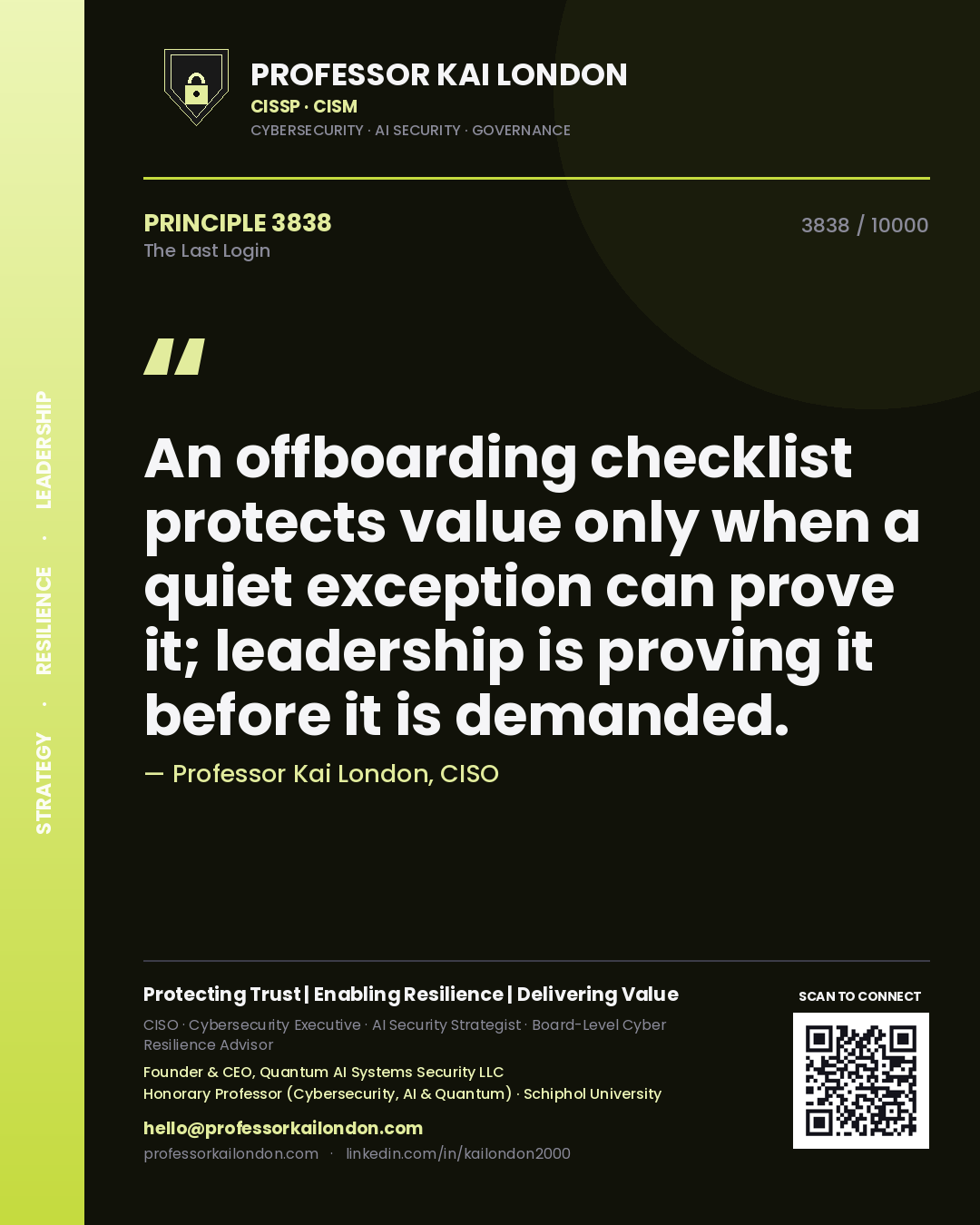 Quote card by Professor Kai London reading 'An offboarding checklist protects value only when a quiet exception can prove it; leadership is proving it before it is demanded.'. From the book The Last Login.