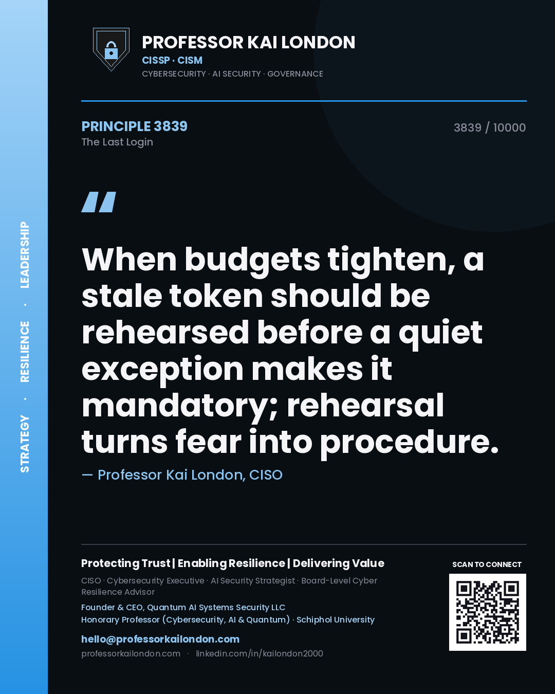 Quote card by Professor Kai London reading 'When budgets tighten, a stale token should be rehearsed before a quiet exception makes it mandatory; rehearsal turns fear into procedure.'. From the book The Last Login.