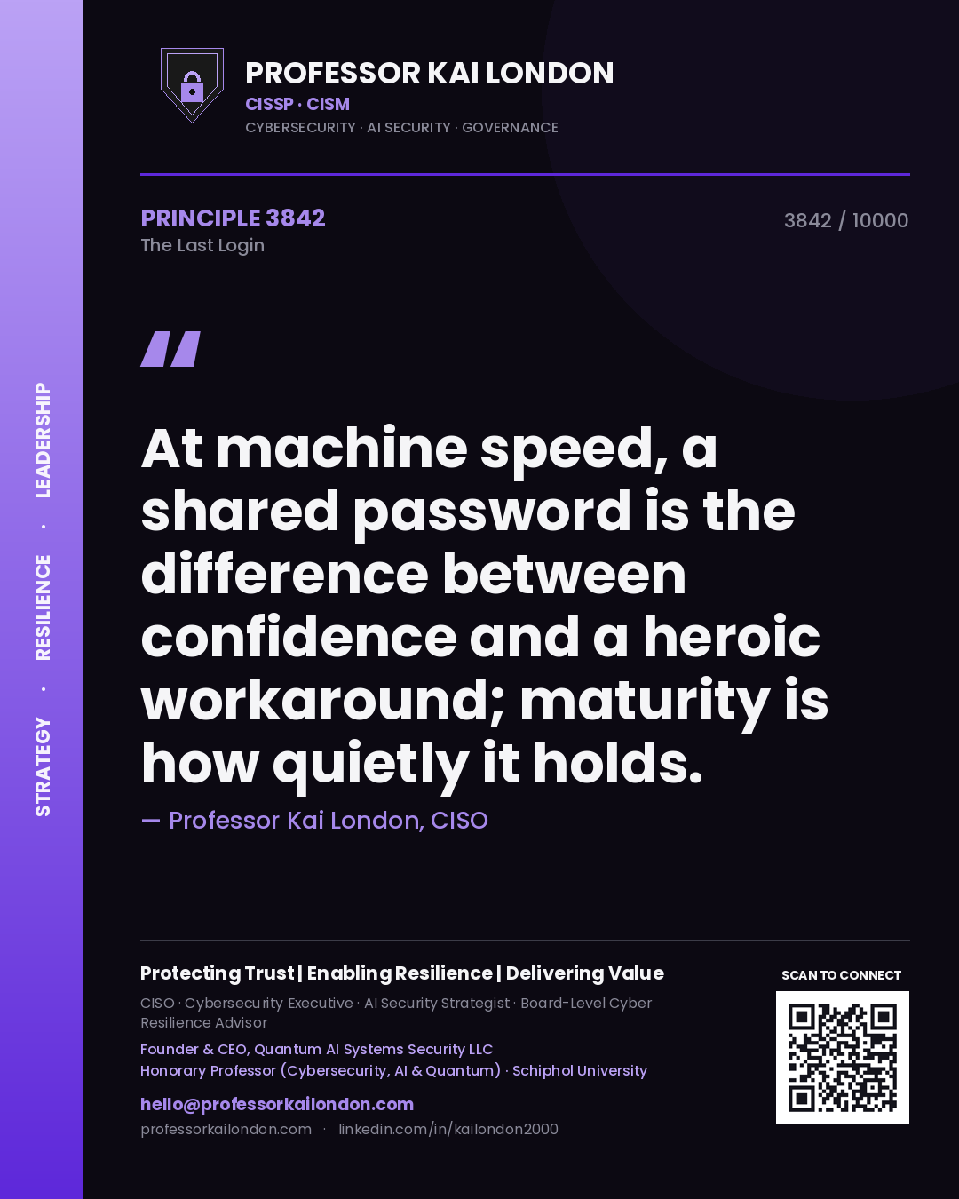 Quote card by Professor Kai London reading 'At machine speed, a shared password is the difference between confidence and a heroic workaround; maturity is how quietly it holds.'. From the book The Last Login.