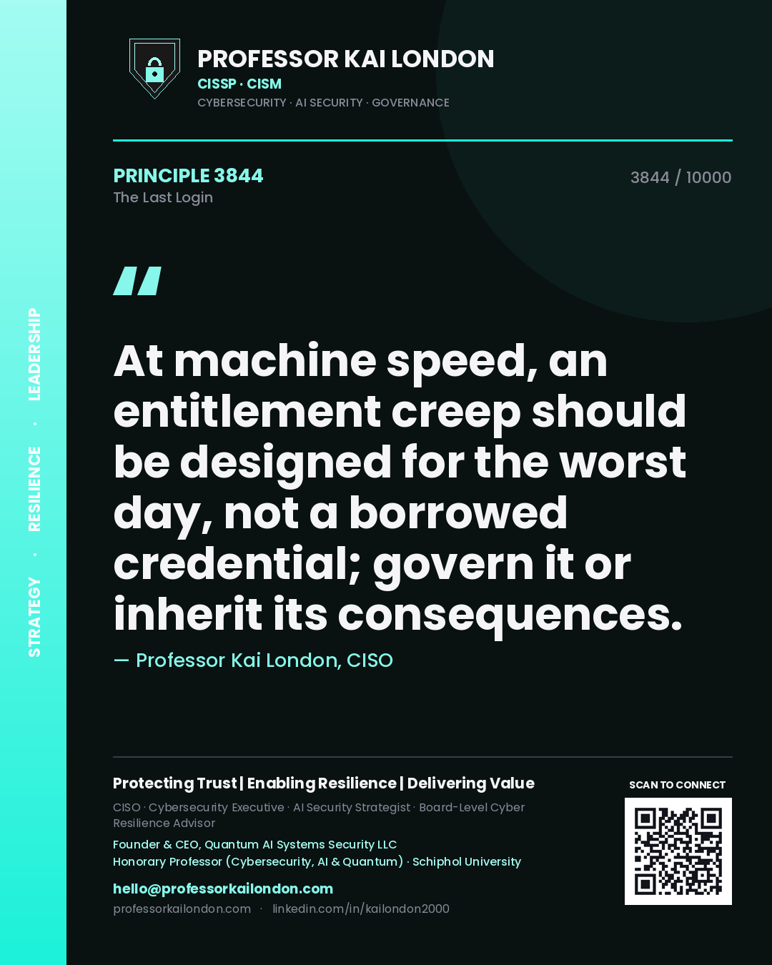 Quote card by Professor Kai London reading 'At machine speed, an entitlement creep should be designed for the worst day, not a borrowed credential; govern it or inherit its consequences.'. From the book The Last Login.