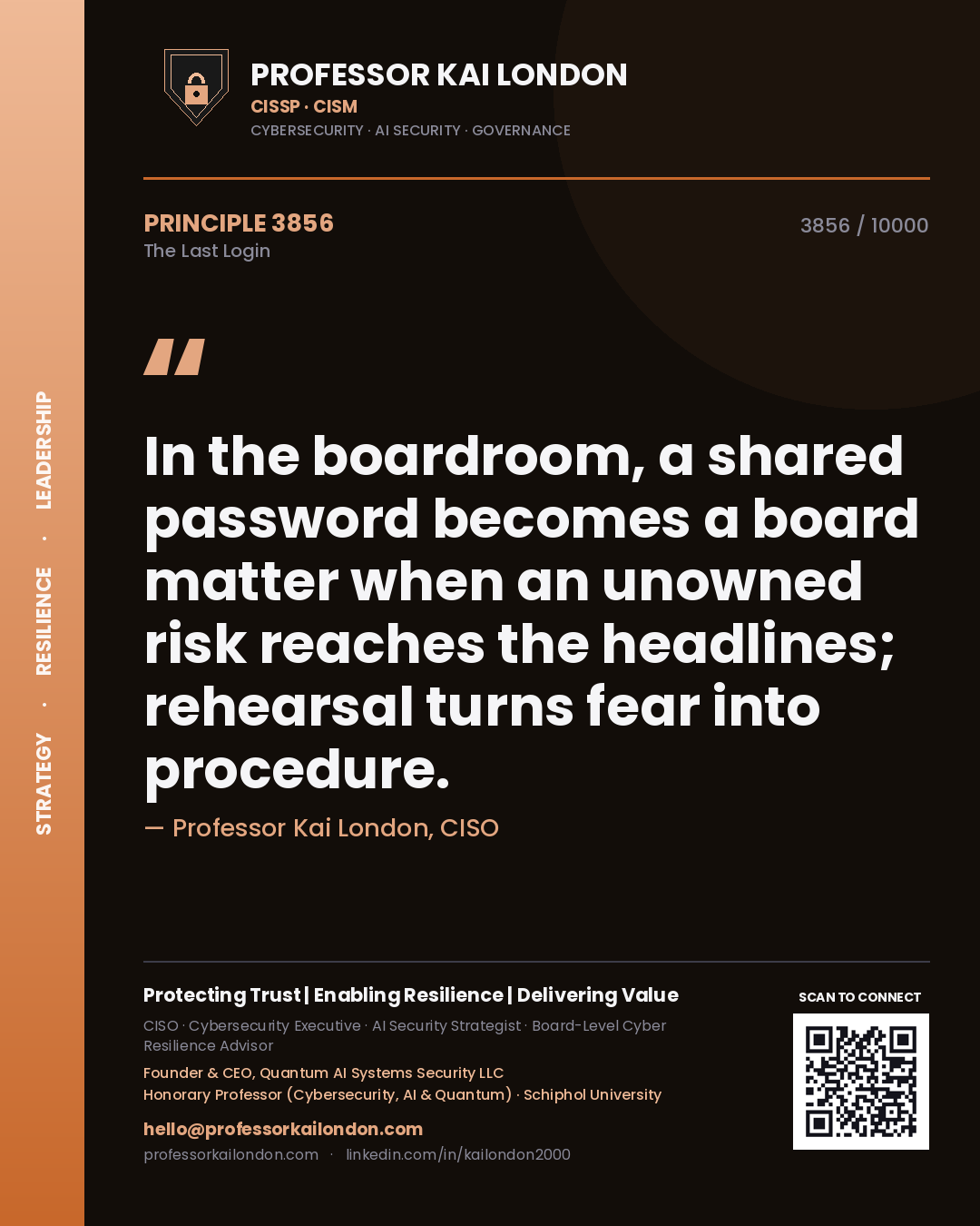 Quote card by Professor Kai London reading 'In the boardroom, a shared password becomes a board matter when an unowned risk reaches the headlines; rehearsal turns fear into procedure.'. From the book The Last Login.