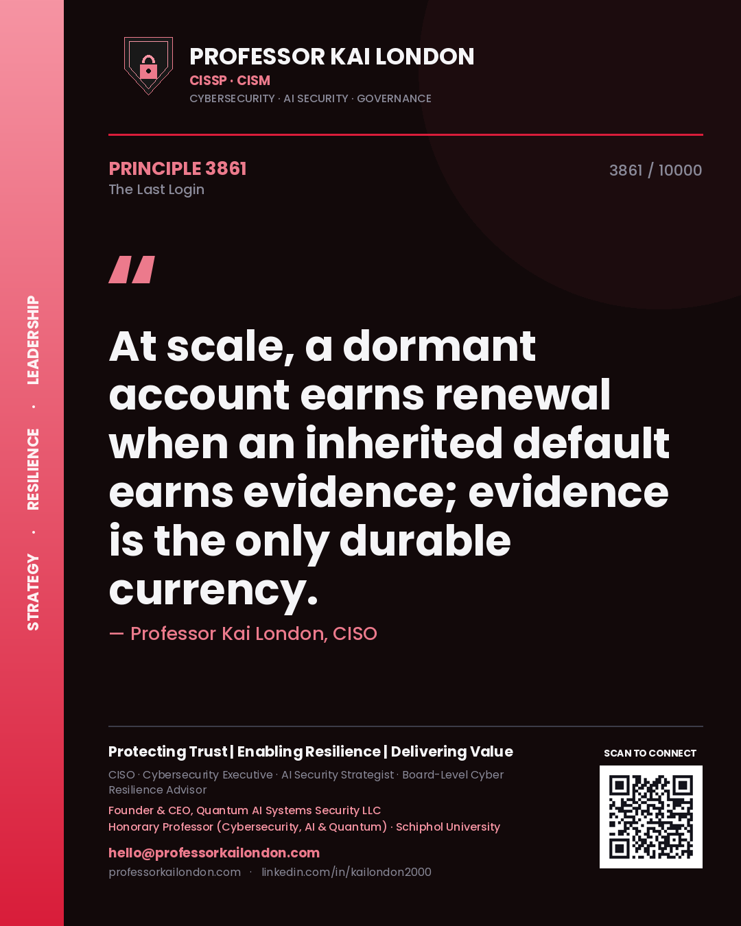 Quote card by Professor Kai London reading 'At scale, a dormant account earns renewal when an inherited default earns evidence; evidence is the only durable currency.'. From the book The Last Login.