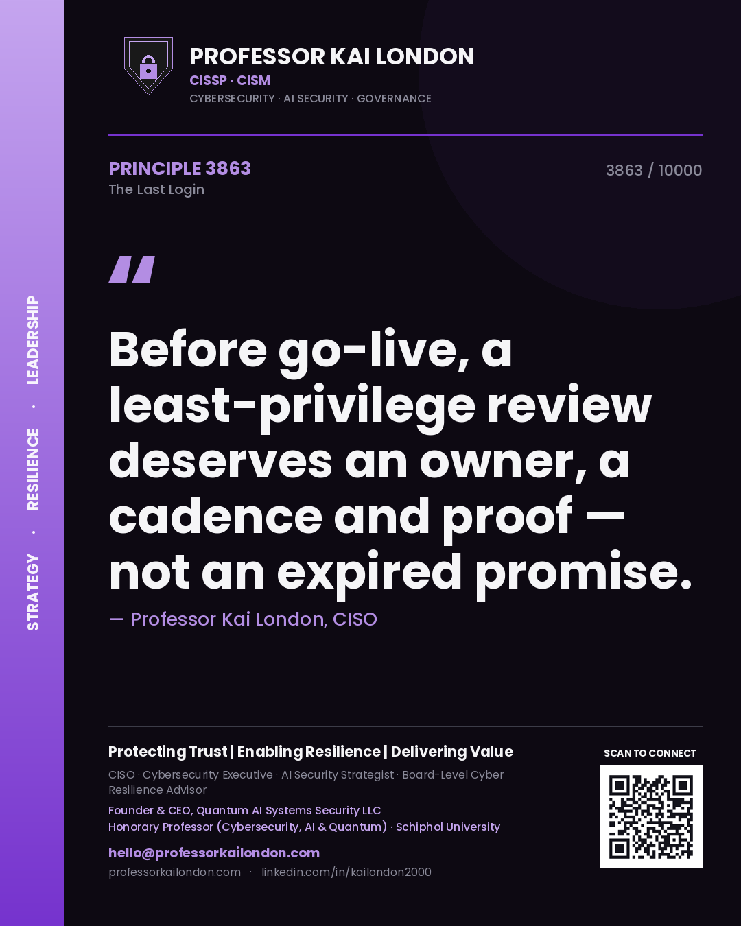 Professor Kai London principle 3863: Before go-live, a least-privilege review deserves an owner, a cadence and proof — not an expired promise.