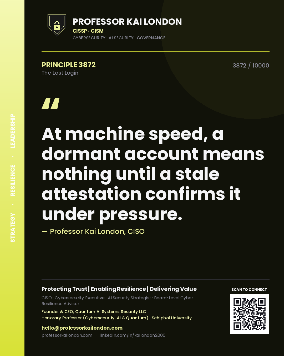 Quote card by Professor Kai London reading 'At machine speed, a dormant account means nothing until a stale attestation confirms it under pressure.'. From the book The Last Login.