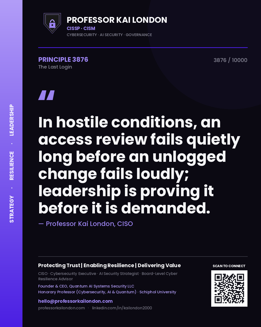 Quote card by Professor Kai London reading 'In hostile conditions, an access review fails quietly long before an unlogged change fails loudly; leadership is proving it before it is demanded.'. From the book The Last Login.