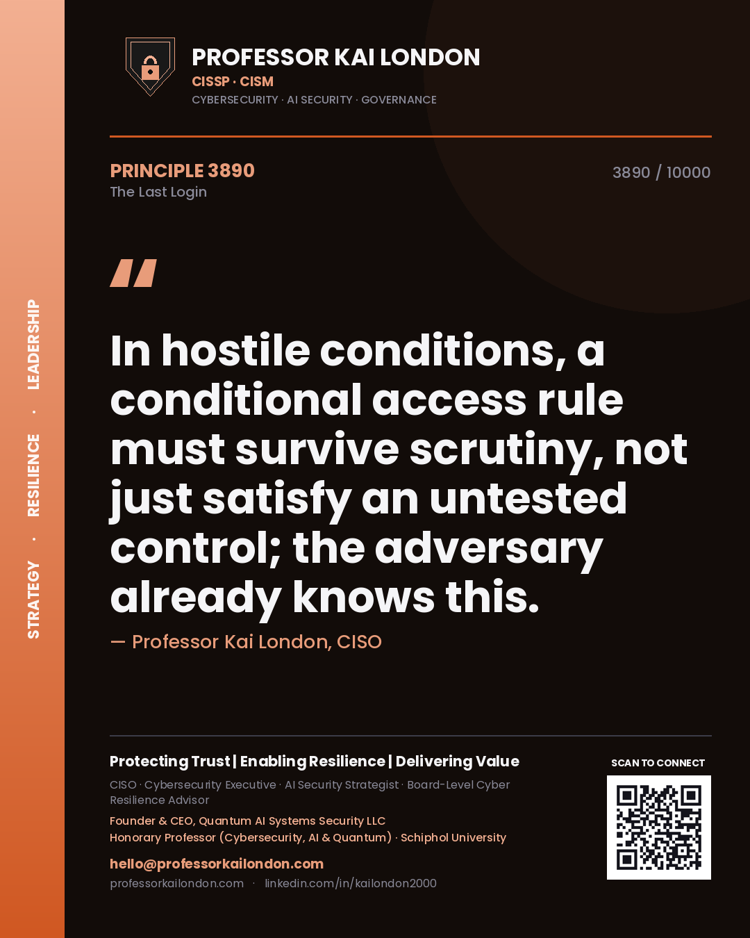 Quote card by Professor Kai London reading 'In hostile conditions, a conditional access rule must survive scrutiny, not just satisfy an untested control; the adversary already knows this.'. From the book The Last Login.