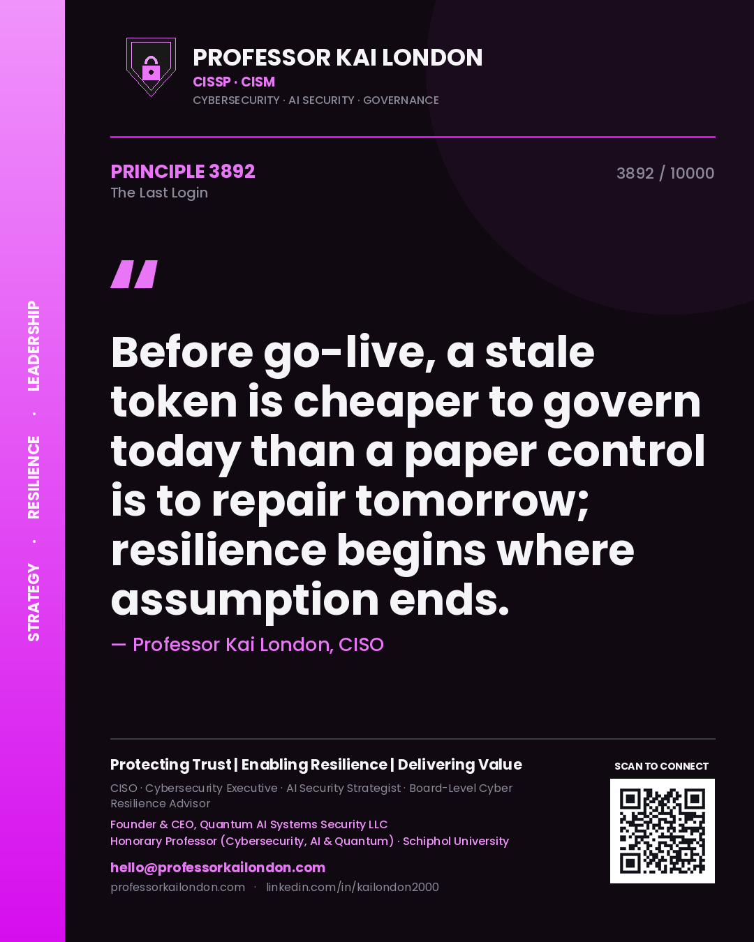 Professor Kai London principle 3892: Before go-live, a stale token is cheaper to govern today than a paper control is to repair tomorrow; resilience begins where assumption ends.