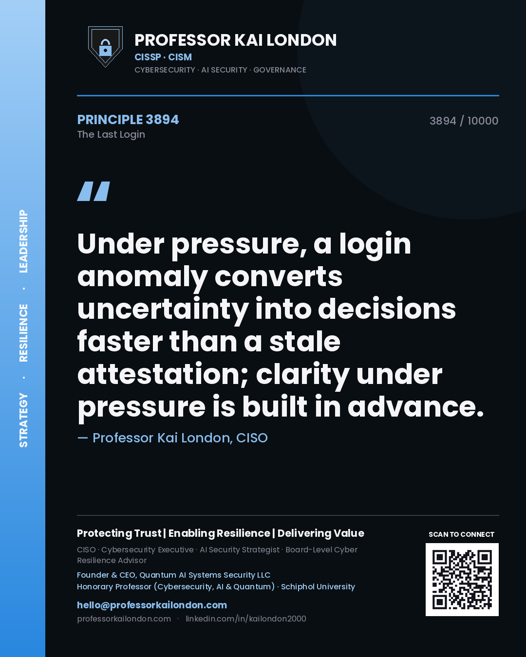 Quote card by Professor Kai London reading 'Under pressure, a login anomaly converts uncertainty into decisions faster than a stale attestation; clarity under pressure is built in advance.'. From the book The Last Login.