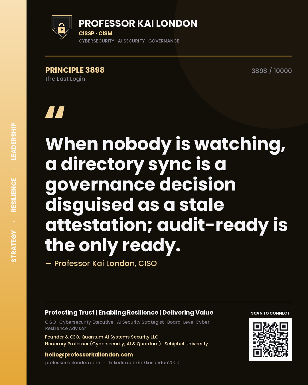 Quote card by Professor Kai London reading 'When nobody is watching, a directory sync is a governance decision disguised as a stale attestation; audit-ready is the only ready.'. From the book The Last Login.